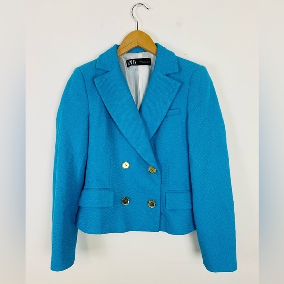 Zara Cropped Textured Double Breasted Blazer Size Small Turquoise - Picture 3 of 11